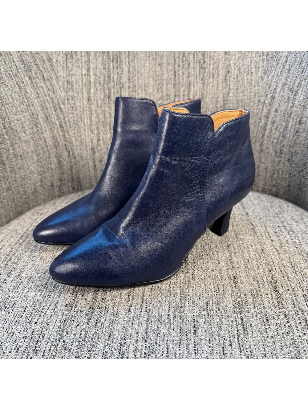 Sofft Aqua Navy Blue Leather Ankle Boots Womens 7.5 M Side Zip Low Heel Booties